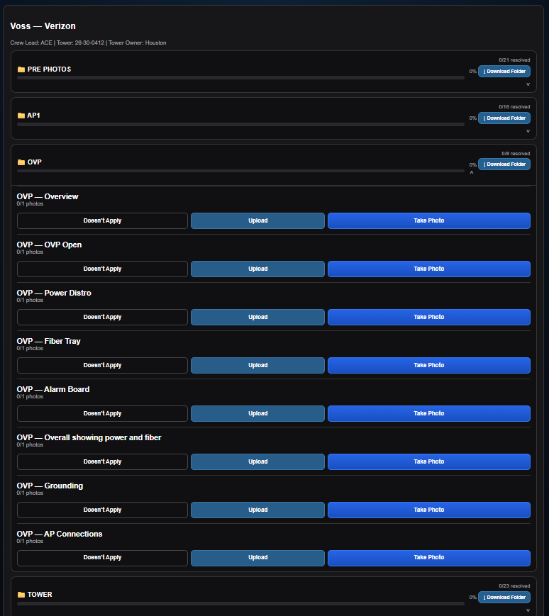 PicIndex job showing organized folders and Take Photo buttons
